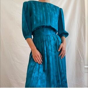 VTG 80s Argenti 100% Silk Teal Pleated Midi Dress Peasant Cottagecore Sz 10 EUC